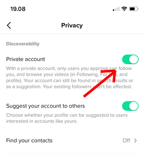 Select Private account to change TikTok profile as Private